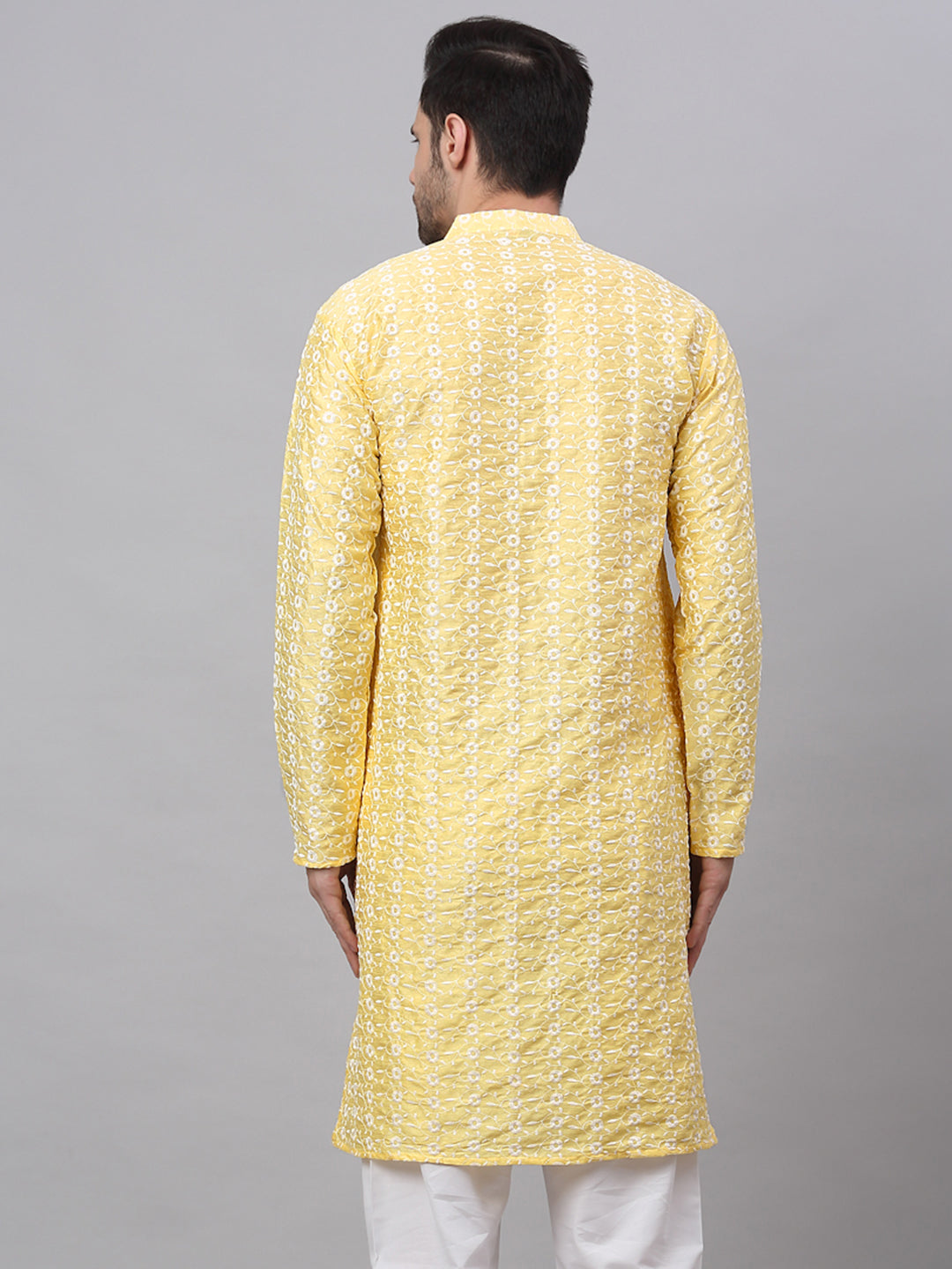 Jompers Men's Yellow Embroidered Dupion Silk Kurta