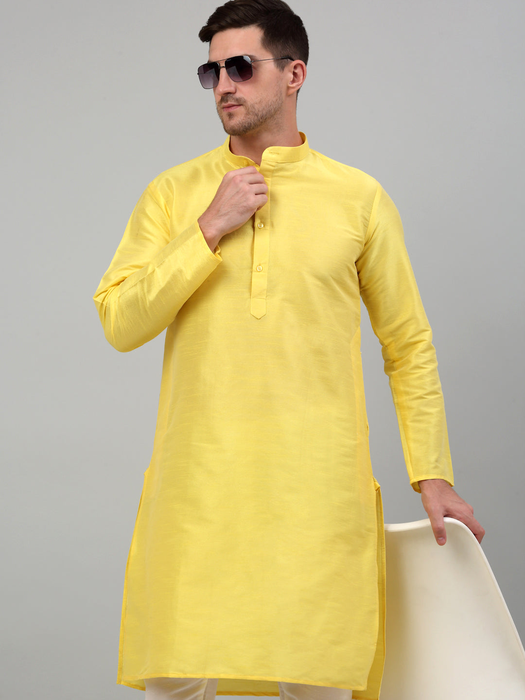 Jompers Men's Lemon Yellow Dupion Silk Kurta Only