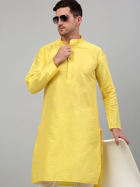 Jompers Men's Lemon Yellow Dupion Silk Kurta Only