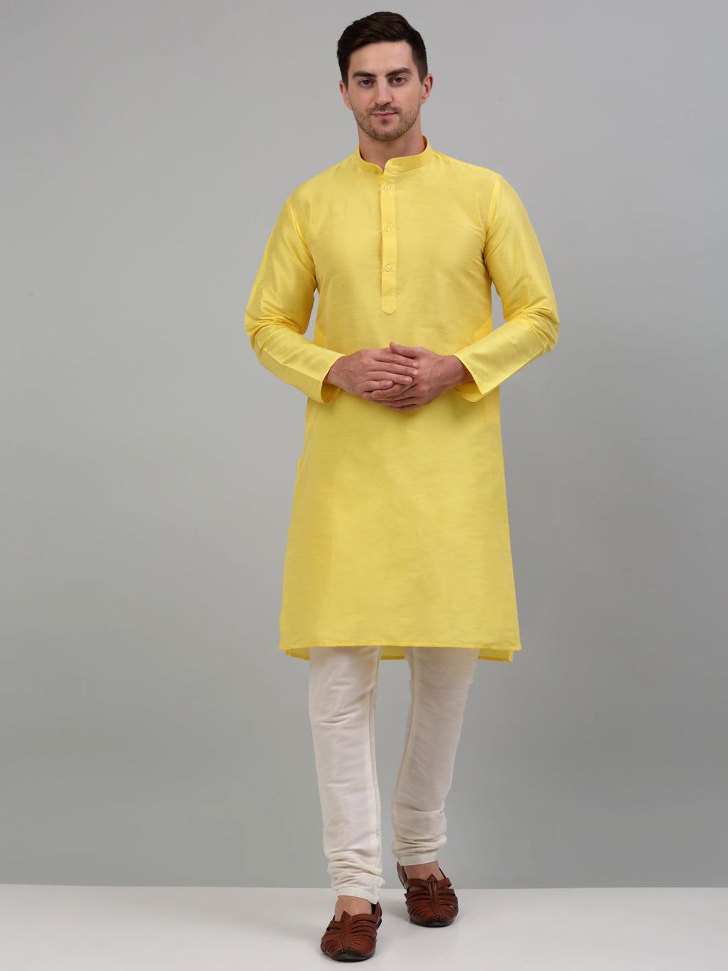 Jompers Men's Lemon Yellow Dupion Silk Kurta Only