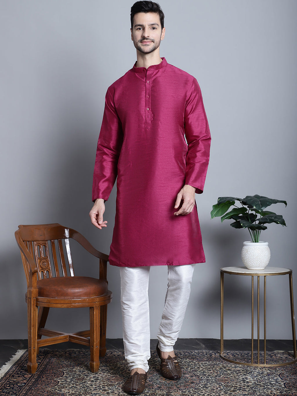 Jompers Men's Purple Dupion Silk Kurta Only