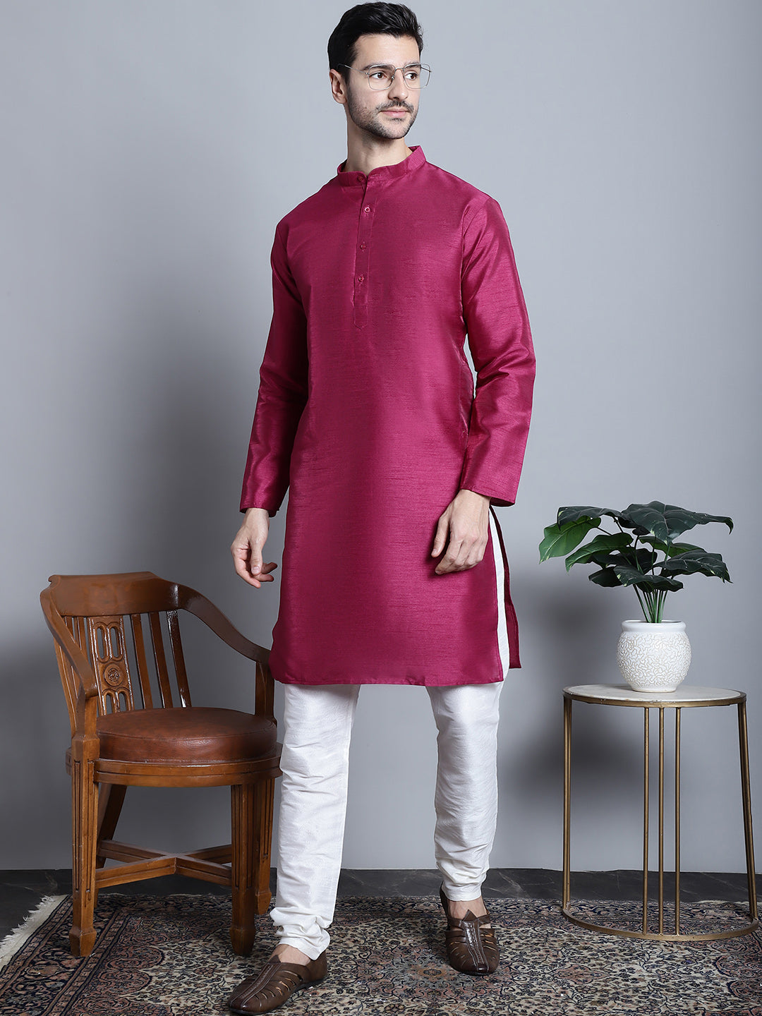 Jompers Men's Purple Dupion Silk Kurta Only