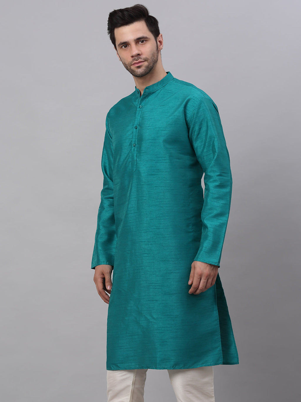 Jompers Men's Solid Dupion Silk Kurta - Teal
