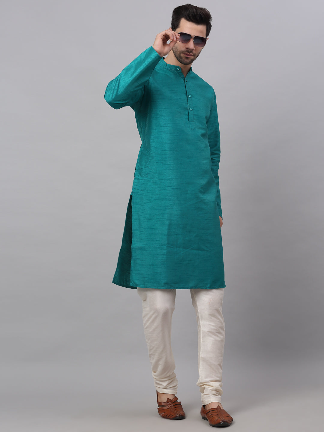 Jompers Men's Solid Dupion Silk Kurta - Teal