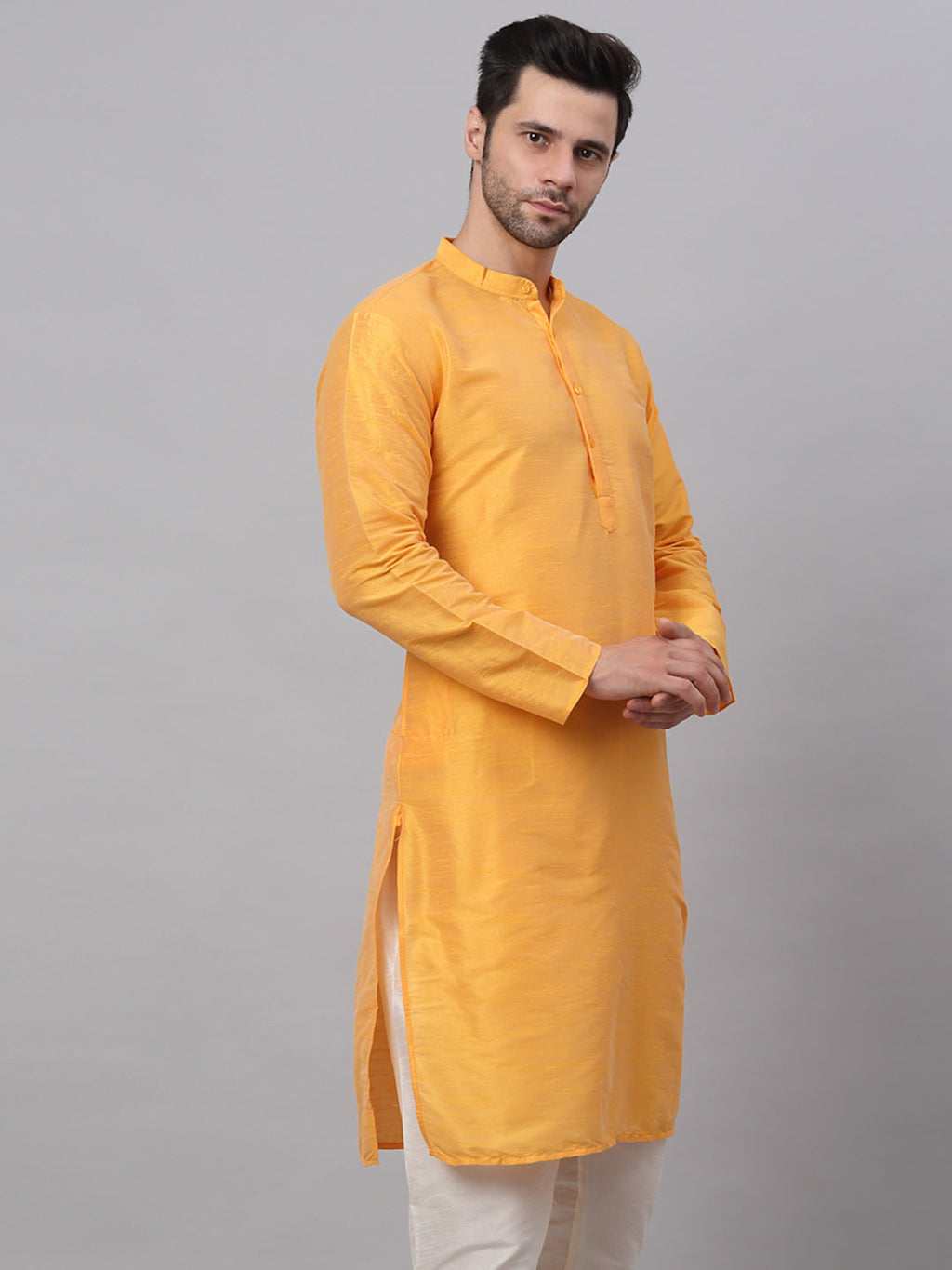 Jompers Men's Solid Dupion Silk Kurta - Yellow