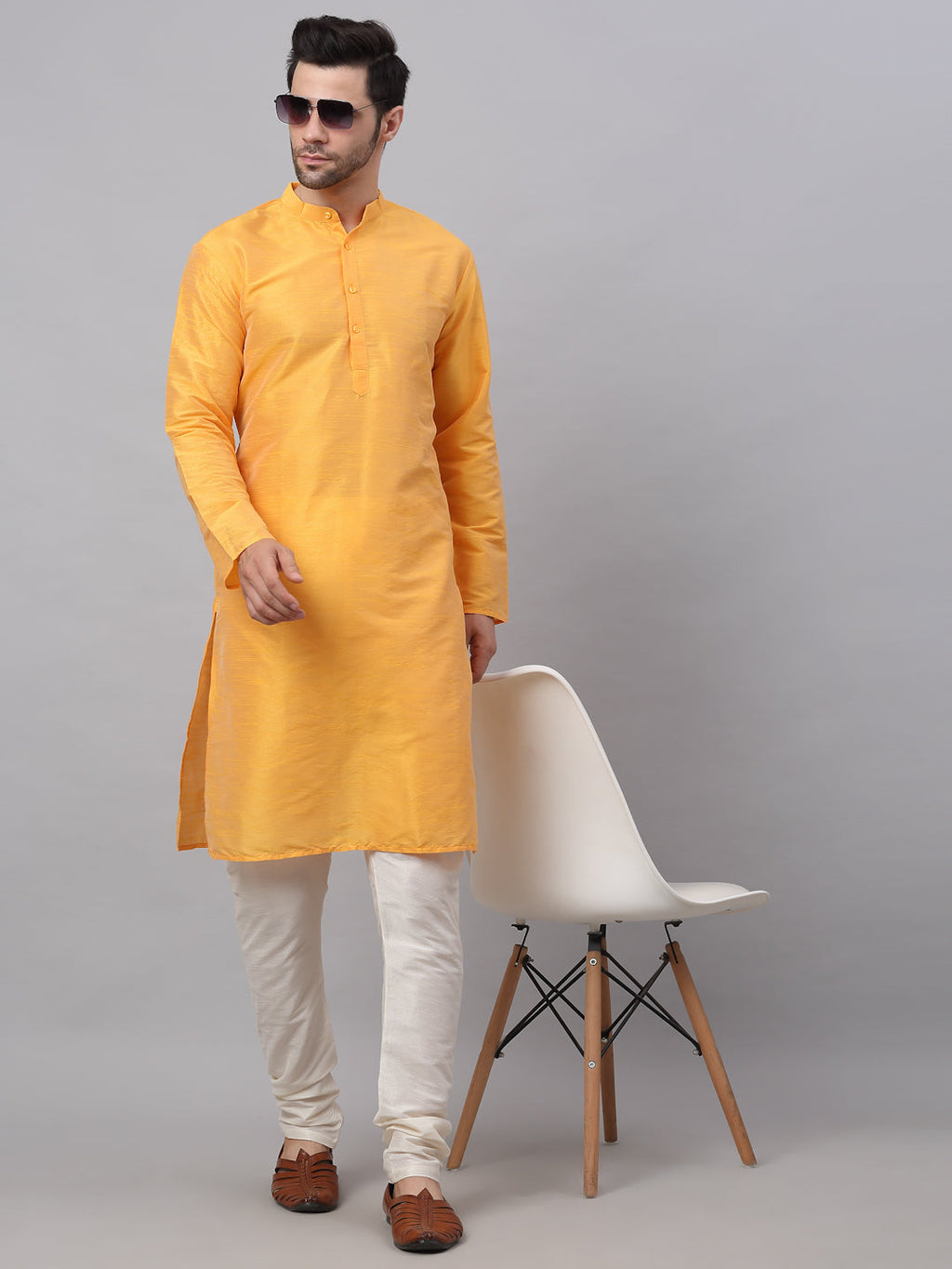 Jompers Men's Solid Dupion Silk Kurta - Yellow