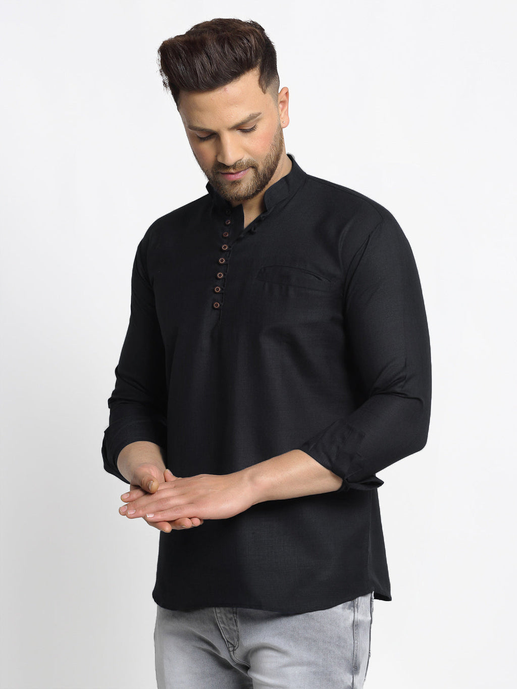 Jompers Men's Cotton Solid Short Kurta - Black