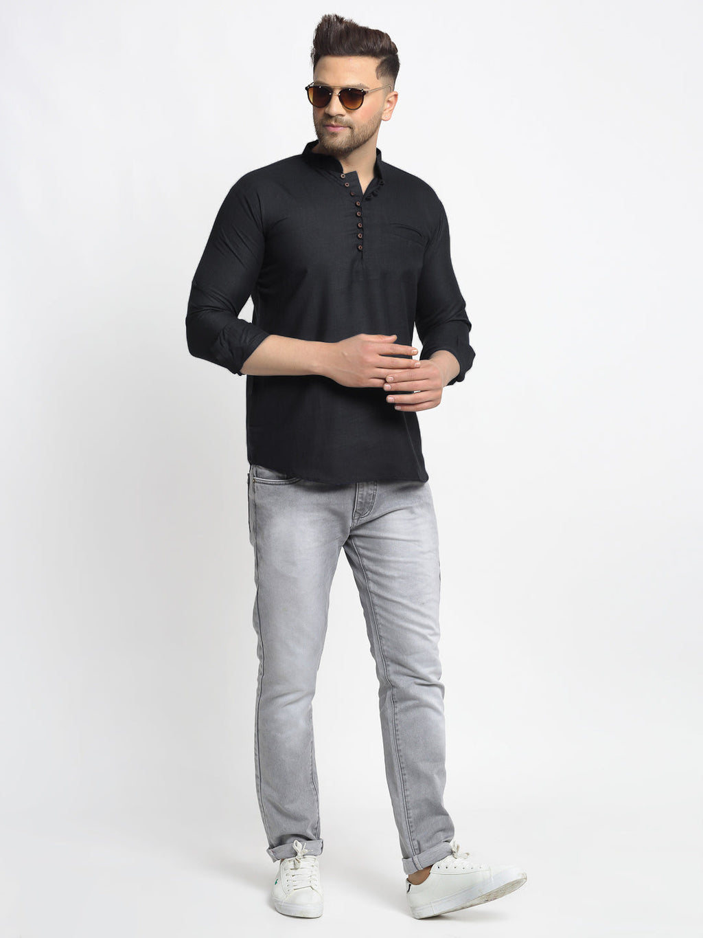 Jompers Men's Cotton Solid Short Kurta - Black