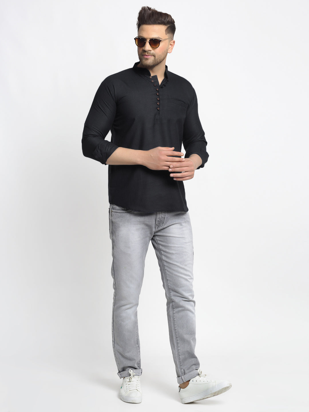 Jompers Men's Cotton Solid Short Kurta - Black