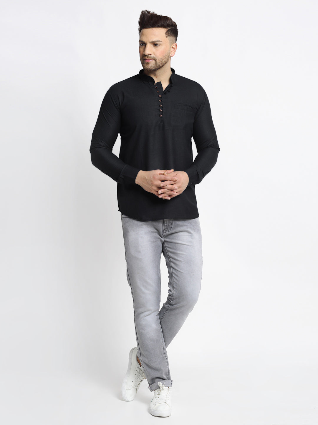 Jompers Men's Cotton Solid Short Kurta - Black