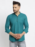 Jompers Men's Green Solid Cotton Short Kurta