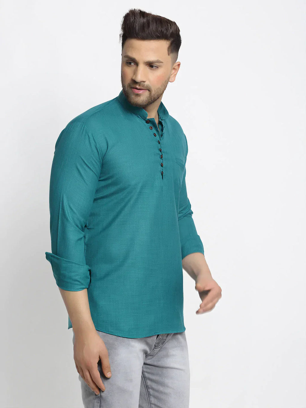 Jompers Men's Green Solid Cotton Short Kurta