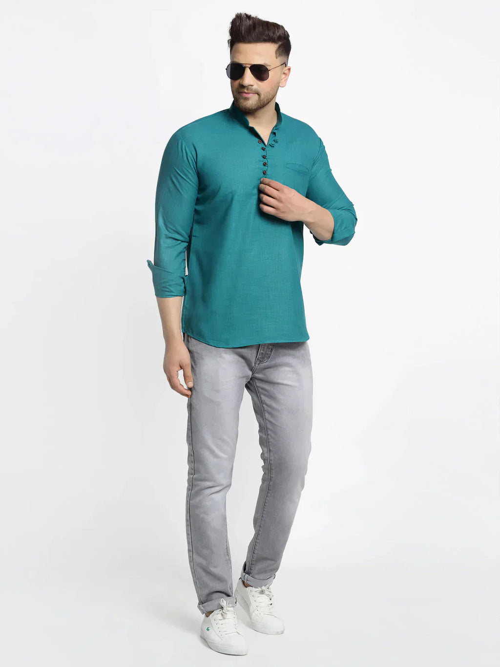 Jompers Men's Green Solid Cotton Short Kurta