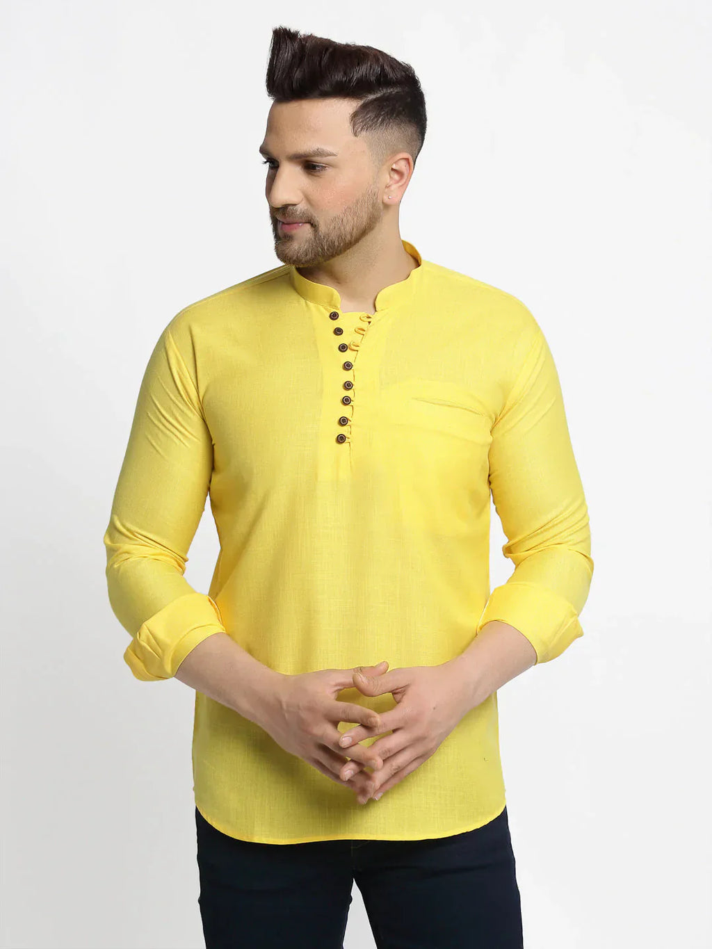 Jompers Men's Lemon Solid Cotton Short Kurta