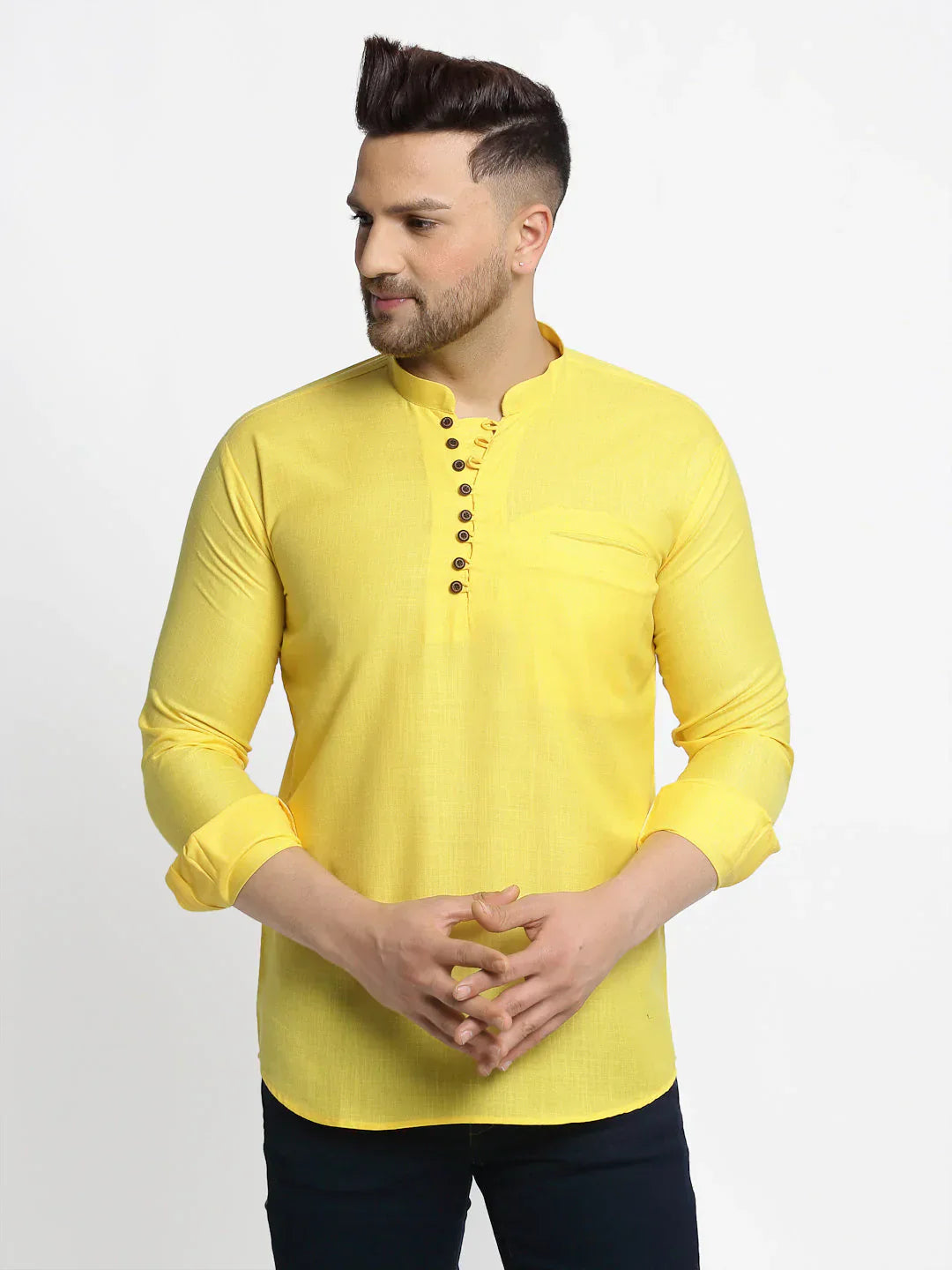 Jompers Men's Lemon Solid Cotton Short Kurta