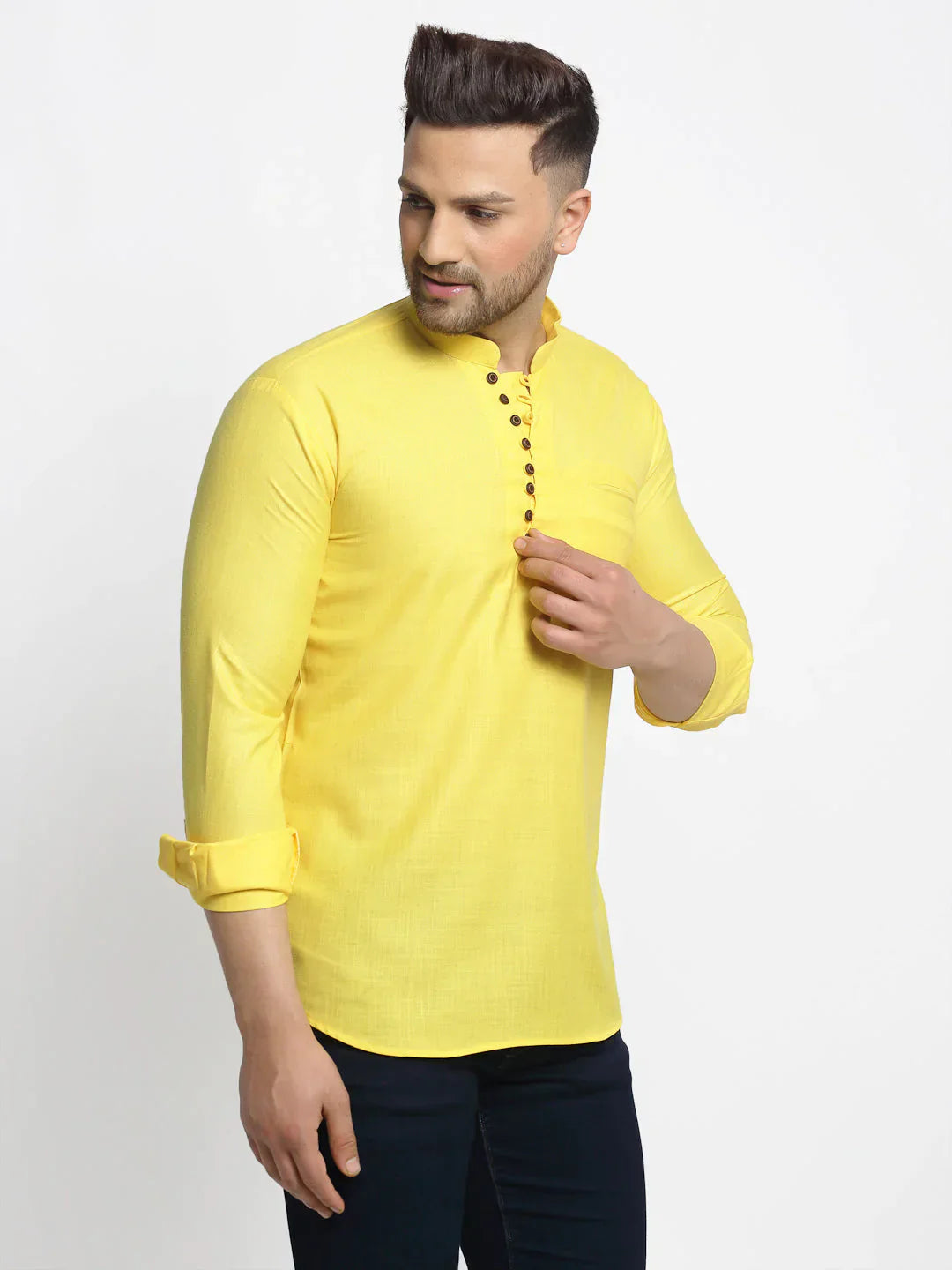 Jompers Men's Lemon Solid Cotton Short Kurta