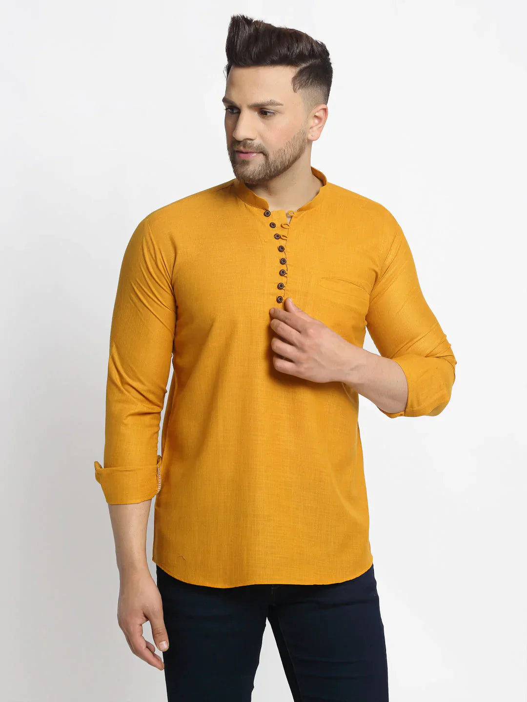 Jompers Men's Mustard Solid Cotton Short Kurta