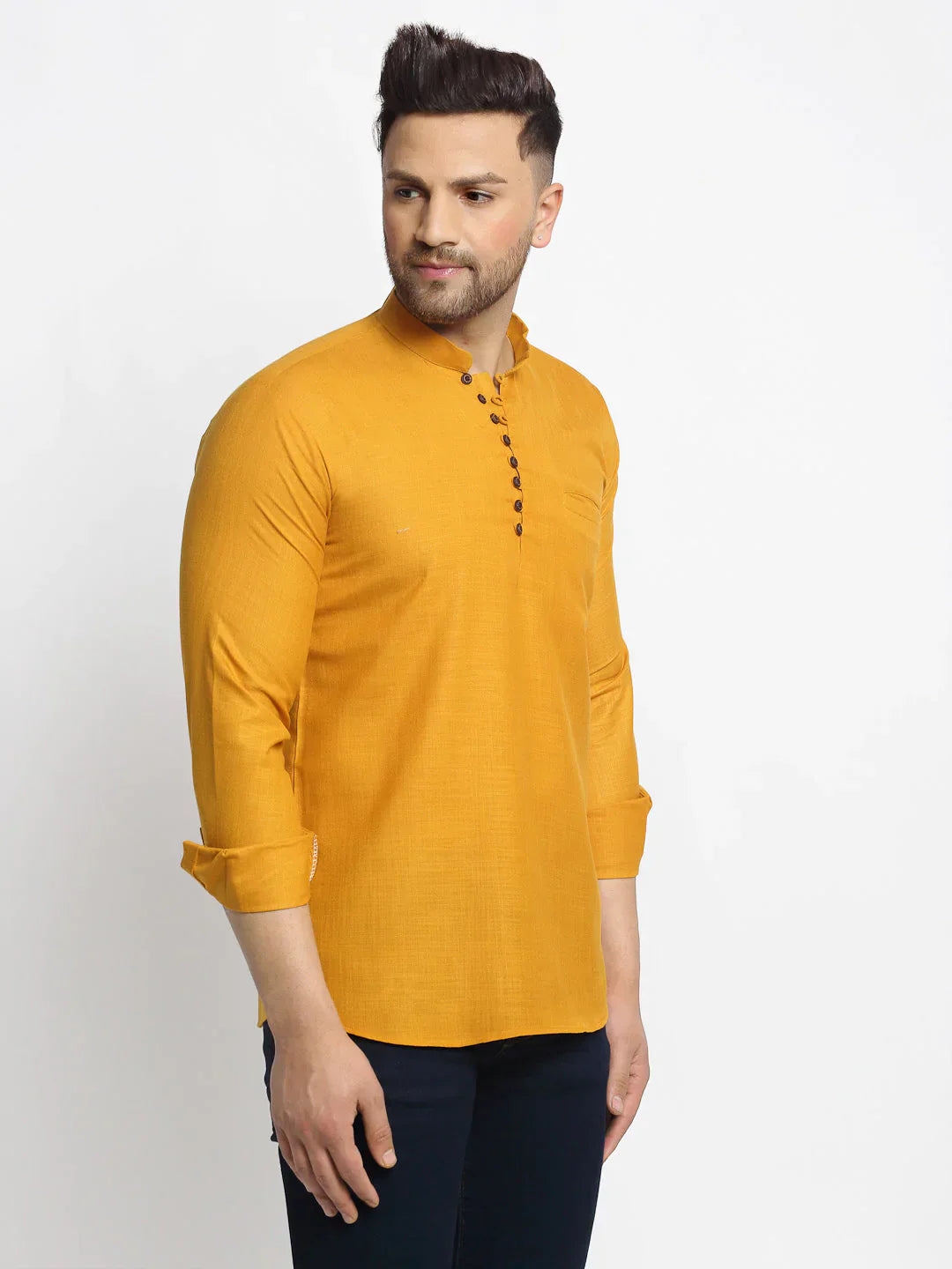 Jompers Men's Mustard Solid Cotton Short Kurta