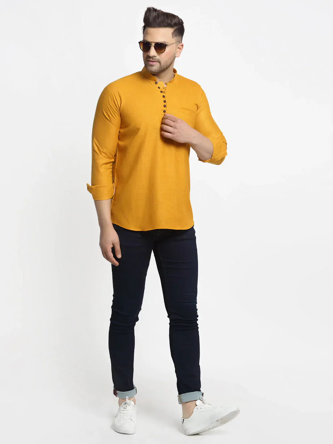 Jompers Men's Mustard Solid Cotton Short Kurta