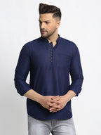 Jompers Men's Navy Blue Solid Cotton Short Kurta