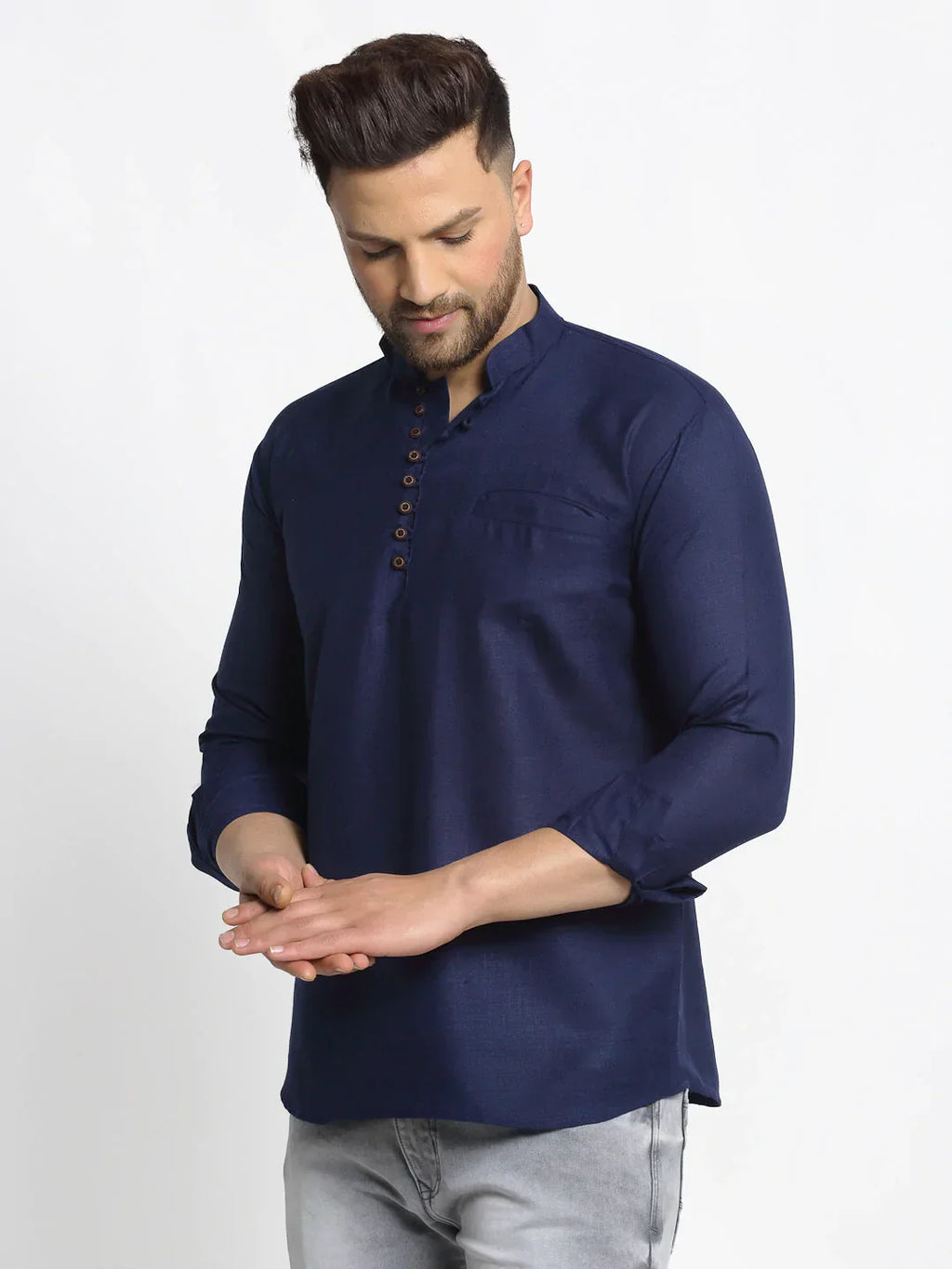 Jompers Men's Navy Blue Solid Cotton Short Kurta