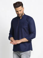 Jompers Men's Navy Blue Solid Cotton Short Kurta