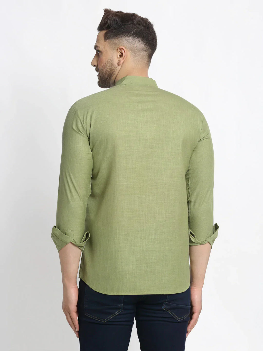 Jompers Men's Olive Green Solid Cotton Short Kurta