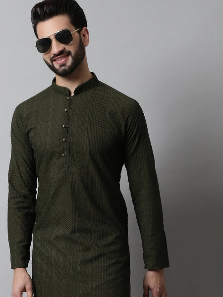 Jompers Men's Embroiderd Kurta - Olive