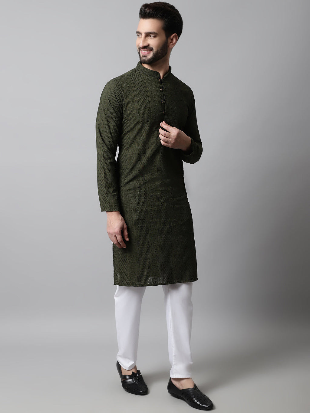 Jompers Men's Embroiderd Kurta - Olive