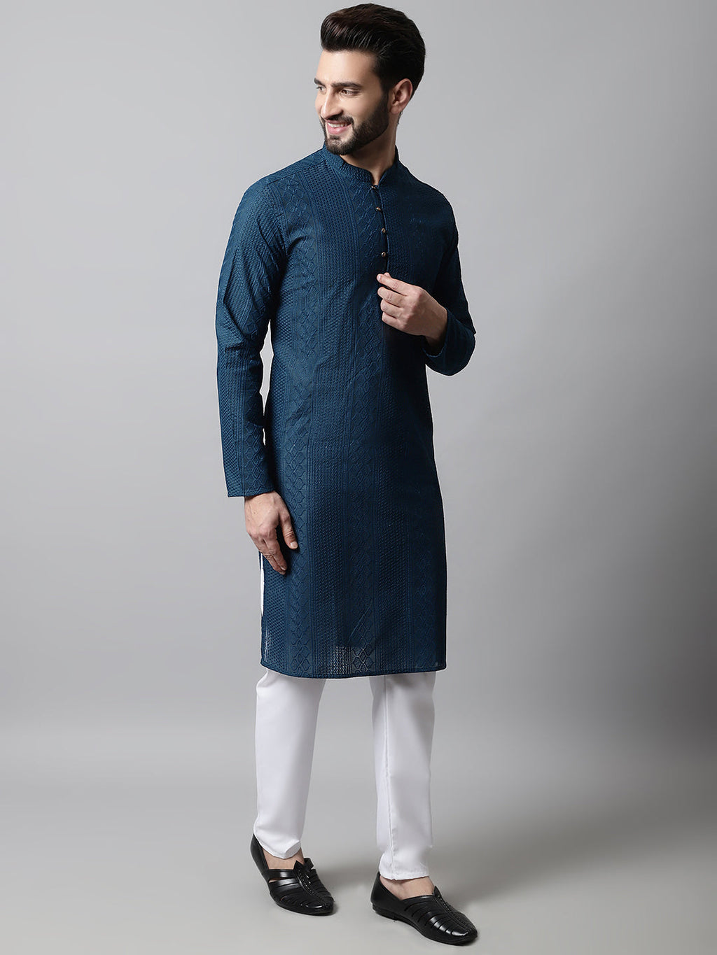 Jompers Men's Embroiderd Kurta - Teal