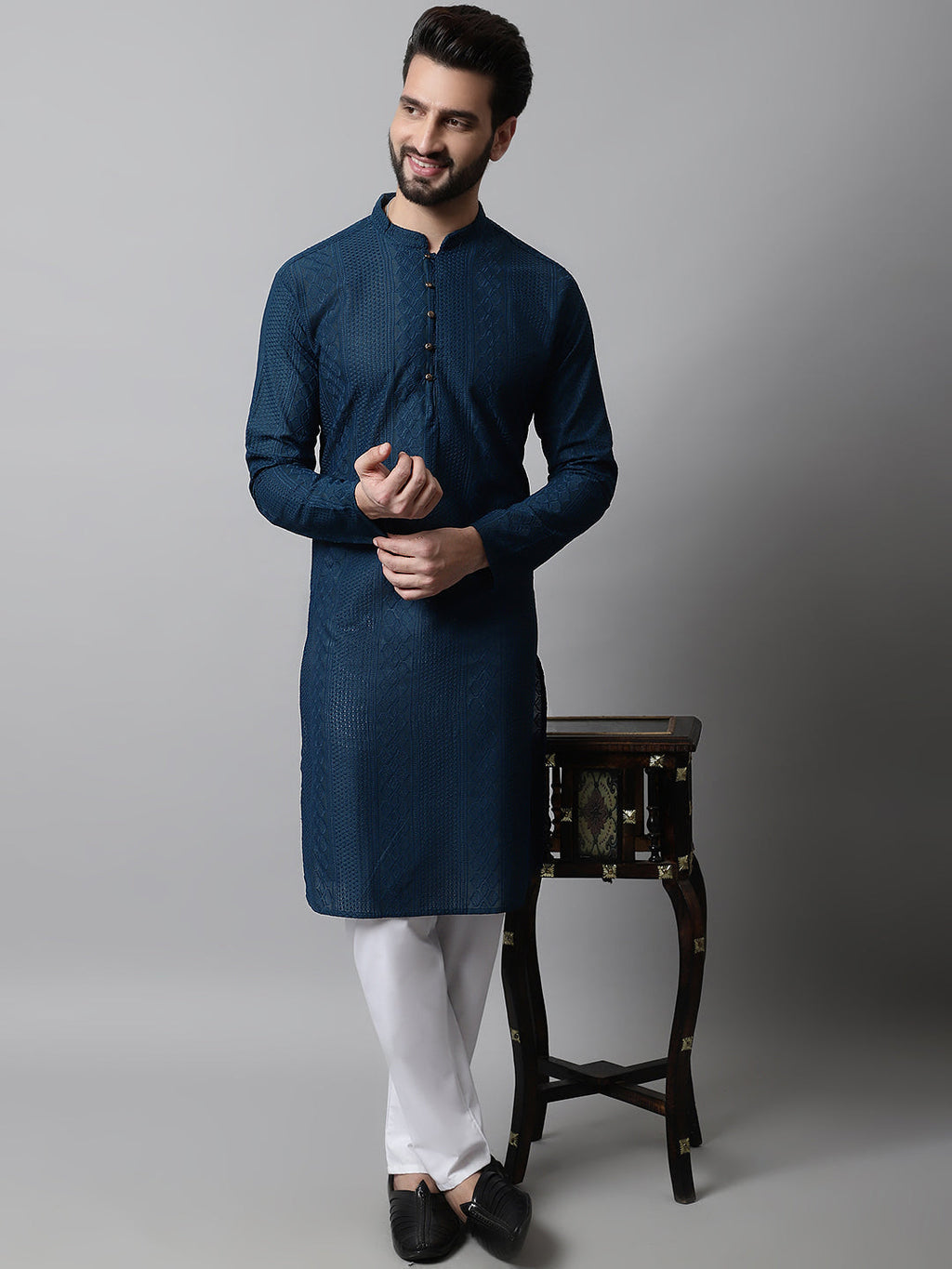 Jompers Men's Embroiderd Kurta - Teal