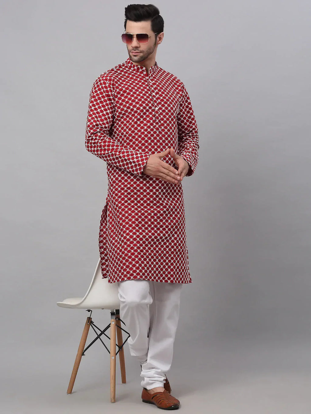 Jompers Men's Maroon Chikankari Kurta Only