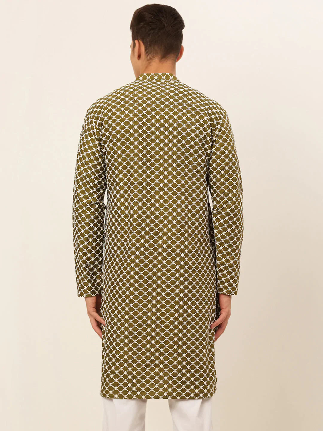 Jompers Men's Olive Green Chikankari Kurta Only