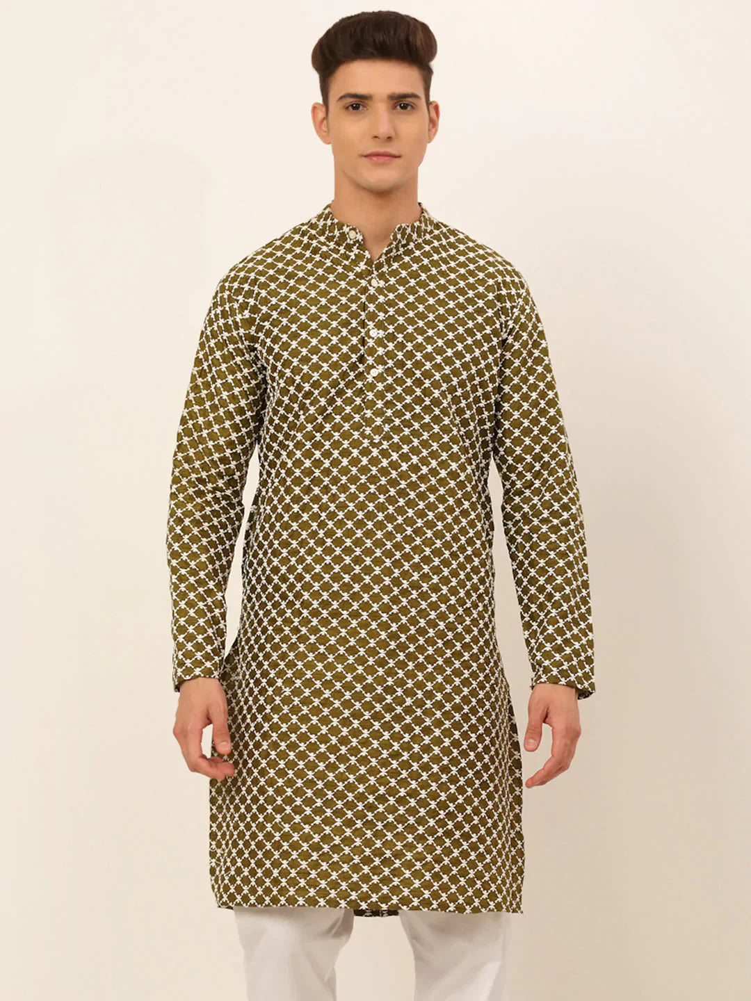 Jompers Men's Olive Green Chikankari Kurta Only