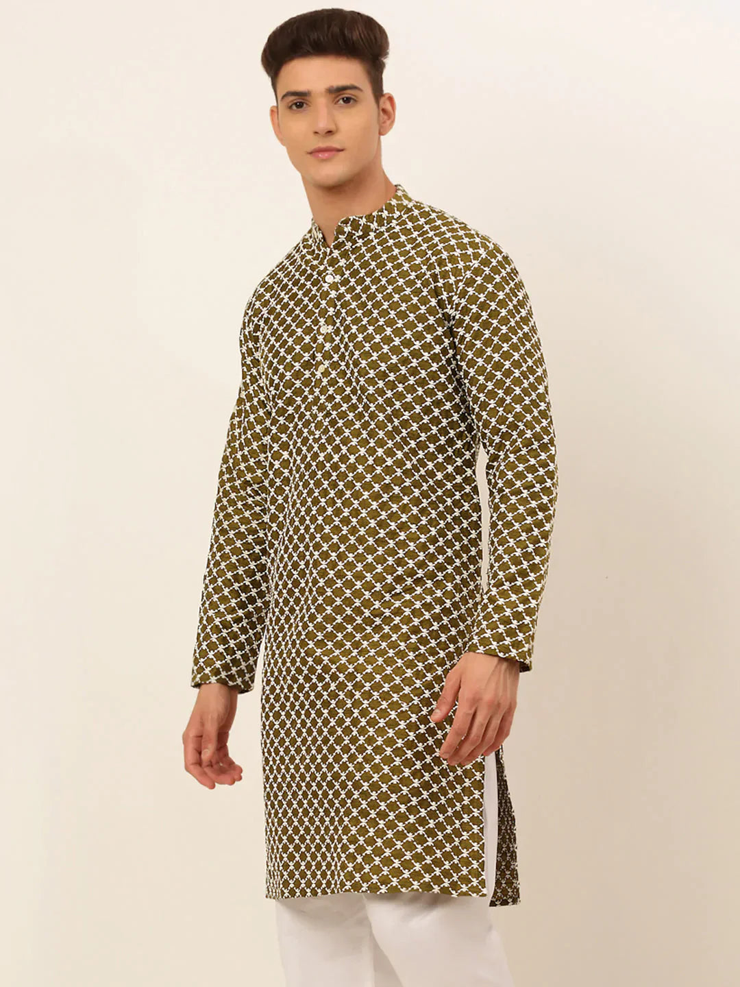 Jompers Men's Olive Green Chikankari Kurta Only