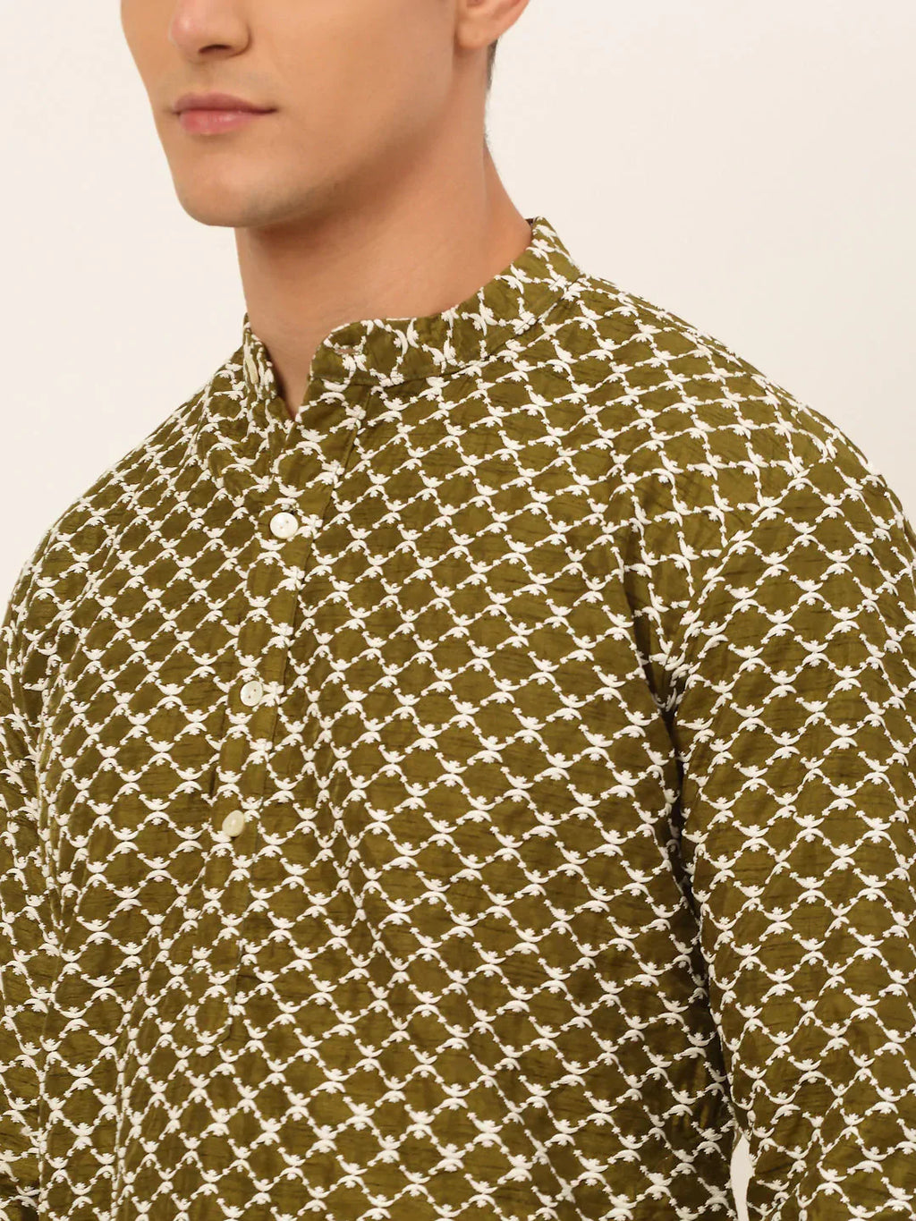 Jompers Men's Olive Green Chikankari Kurta Only
