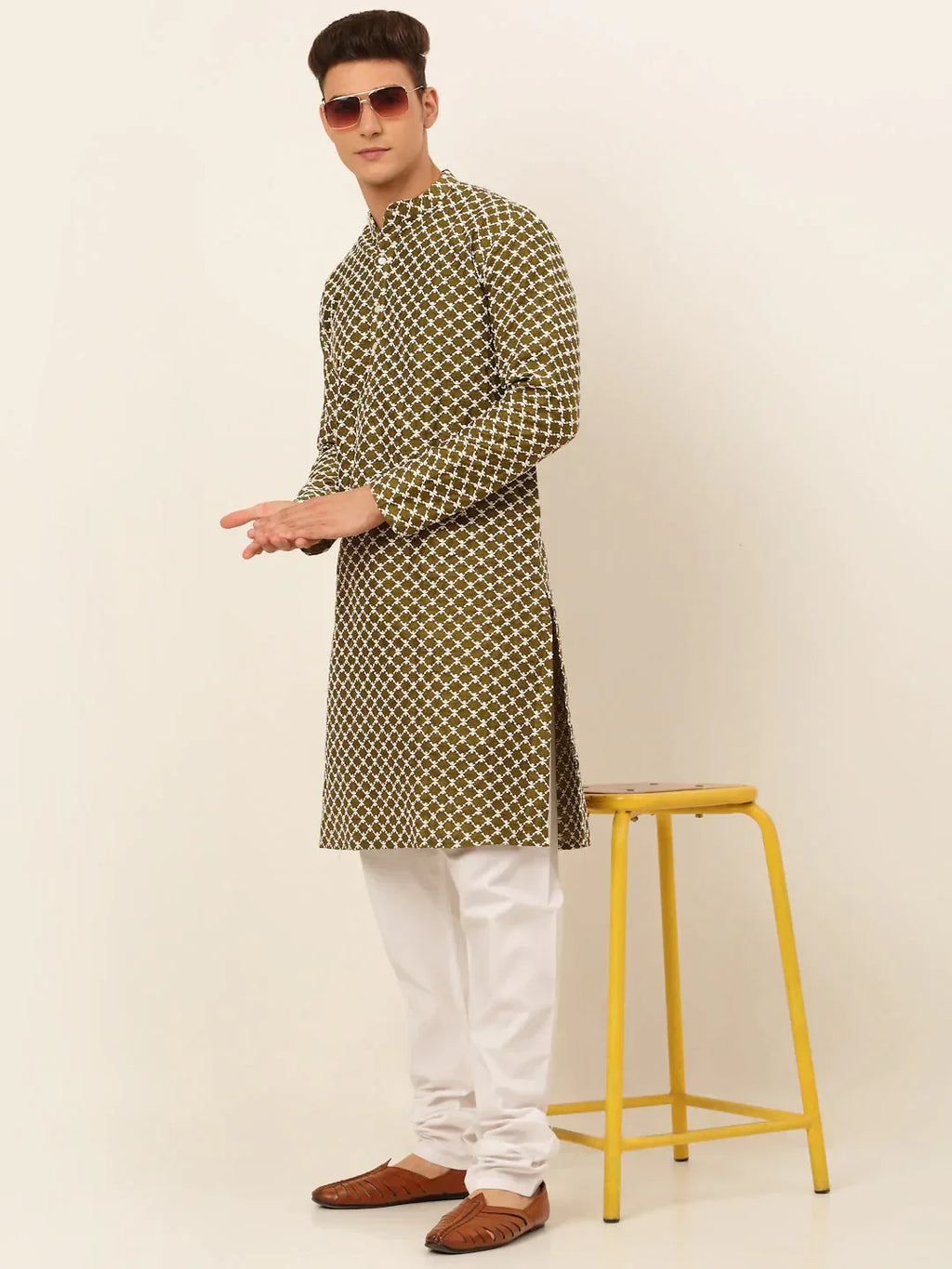 Jompers Men's Olive Green Chikankari Kurta Only