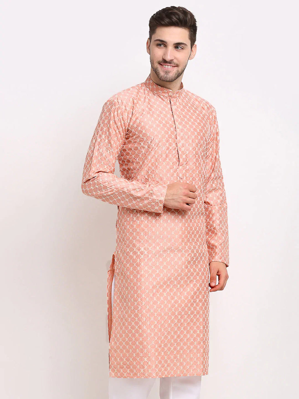 Jompers Men's Peach Chikankari Kurta Only