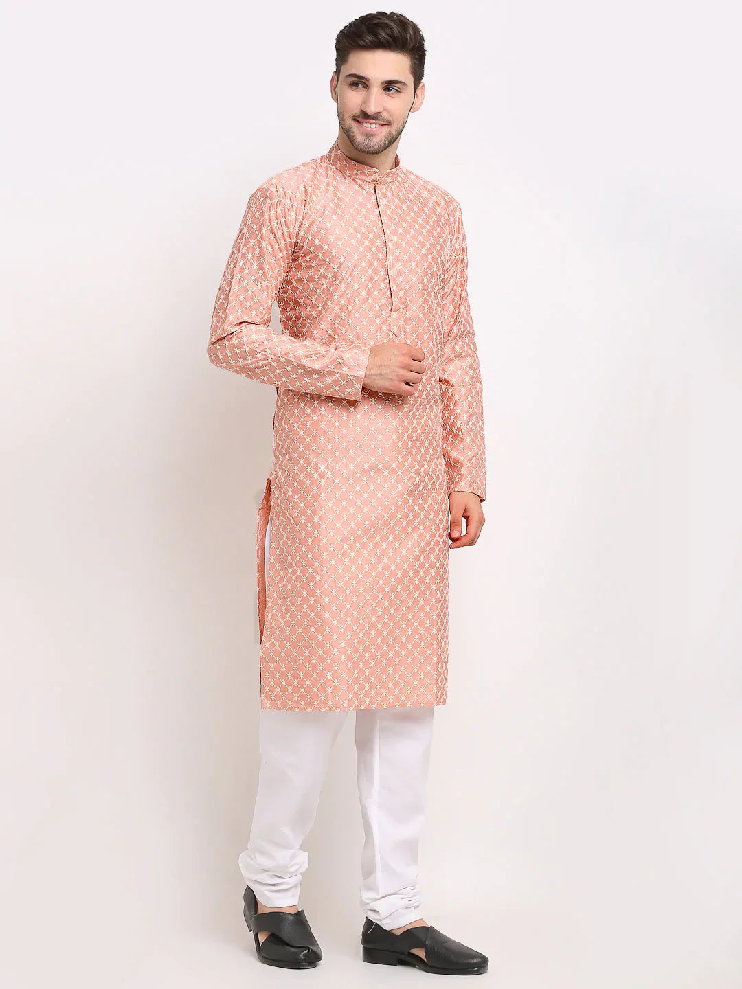 Jompers Men's Peach Chikankari Kurta Only