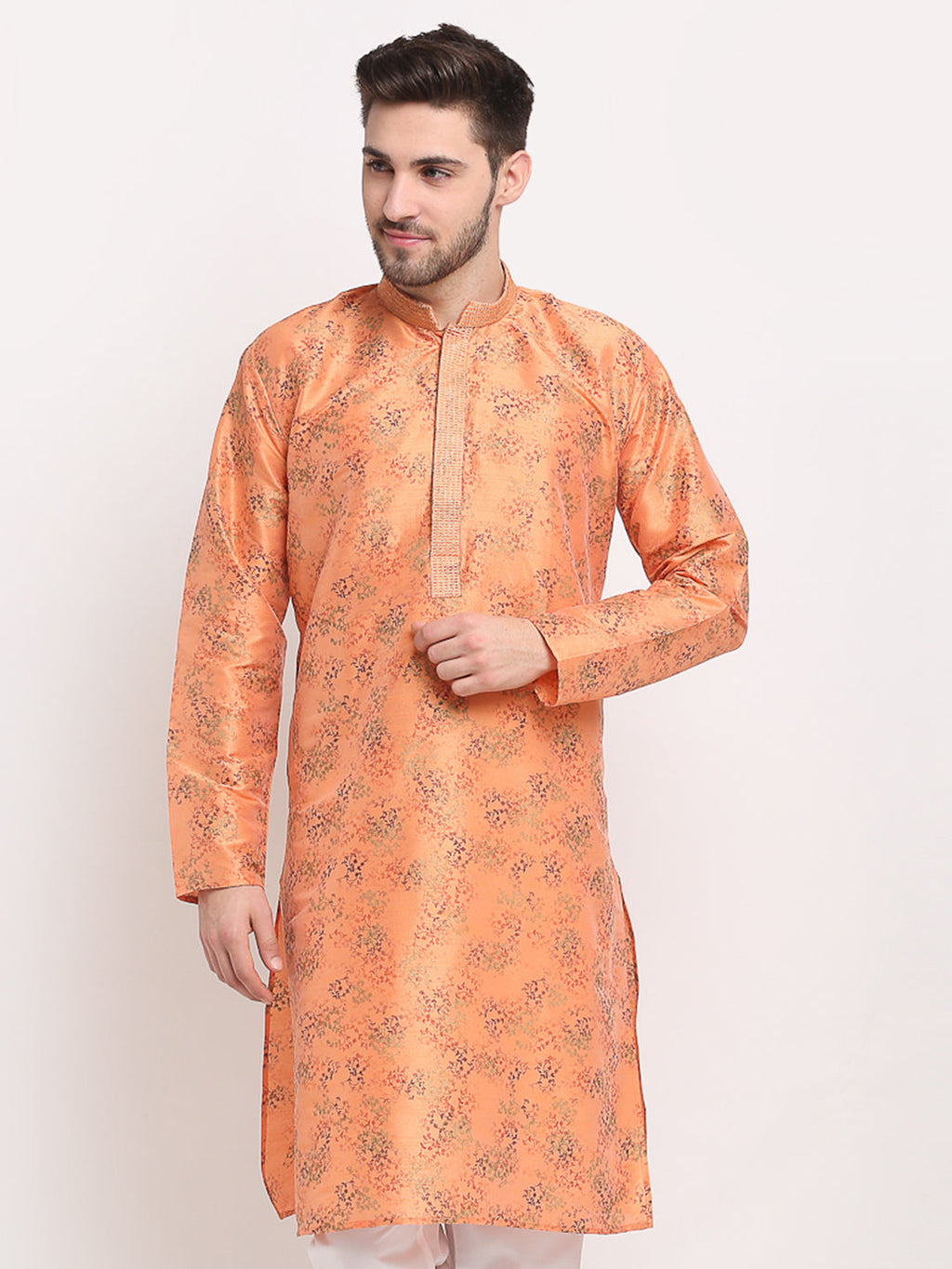 Jompers Men's Orange Dupion Printed Kurta Only