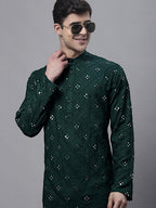 Jompers Men's Olive Green Embroidered Mirror Work Kurta