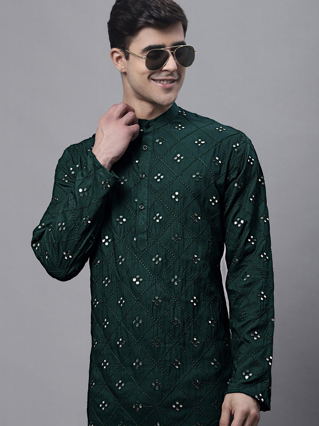 Jompers Men's Olive Green Embroidered Mirror Work Kurta