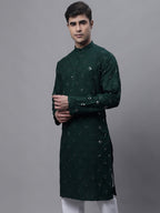 Jompers Men's Olive Green Embroidered Mirror Work Kurta