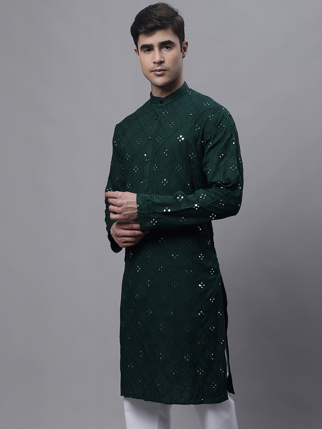 Jompers Men's Olive Green Embroidered Mirror Work Kurta