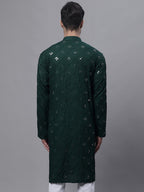 Jompers Men's Olive Green Embroidered Mirror Work Kurta