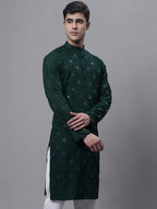 Jompers Men's Olive Green Embroidered Mirror Work Kurta