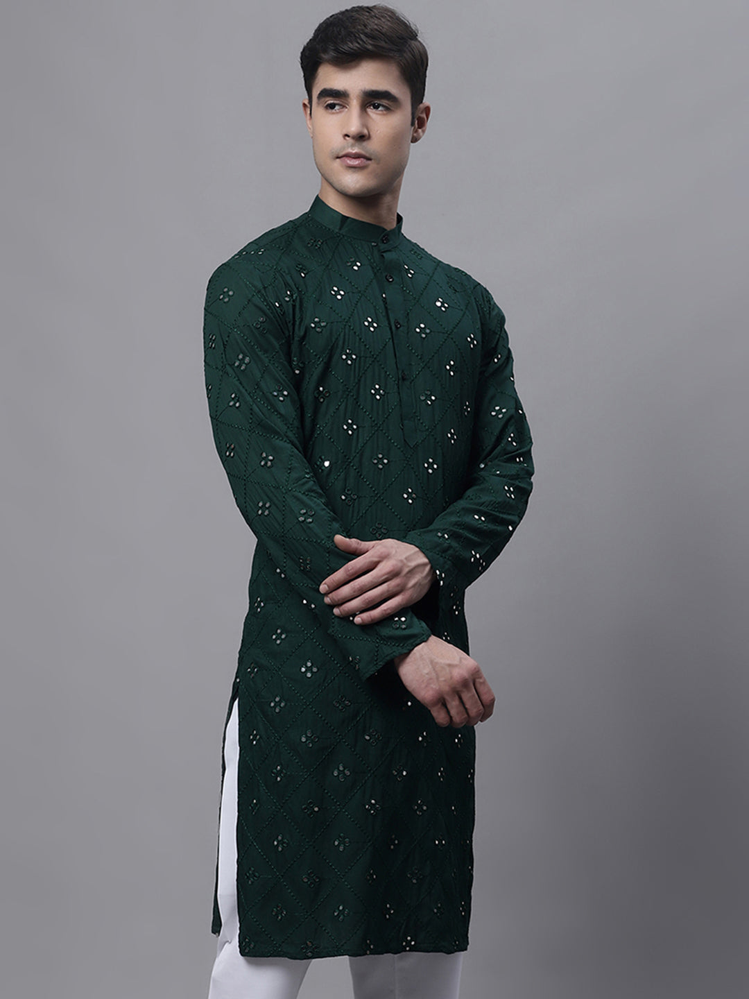 Jompers Men's Olive Green Embroidered Mirror Work Kurta