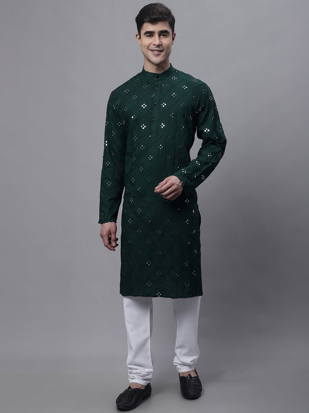 Jompers Men's Olive Green Embroidered Mirror Work Kurta