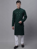 Jompers Men's Olive Green Embroidered Mirror Work Kurta