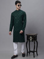 Jompers Men's Olive Green Embroidered Mirror Work Kurta